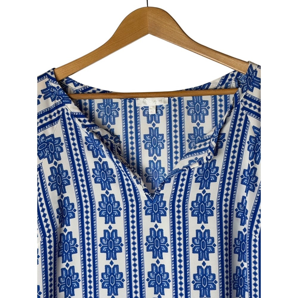 Glam Tunic Dress Women Medium Blue White NWT Geometric Raglan V Neck Mini Boho - Picture 4 of 11